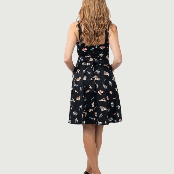 Black A-line Seafood Pattern Mini Sundress with Square Neck for Night Out - Picture 4 of 6